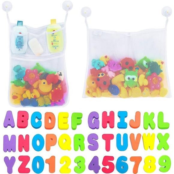 2 x Mesh Bath Toy Organizer + 6 Ultra Strong Hooks + 36 Bath Letters & Numbers - Picture 1 of 12